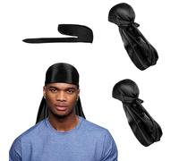 Jiujuda9 2 Pcs Silk Durag Men, Satin Silky Durags for Men & Women, Waves Braids Locs, Black Pirate Headwraps Cap with Wide & Long Tail, Breathable Wrinkle Free Satin Du Rags Accessory