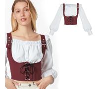 JIULINGHOU Medieval One Shoulder Shirt Corset Renaissance Ruffled Short Sleeved with Denim Strap Two-Piece Set