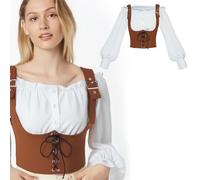 JIULINGHOU Women Medieval One Shoulder Shirt Corset Renaissance Ruffled Short Sleeved with Denim Strap Two-Piece Set