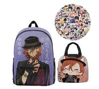 Jiumaocleu Bungo Stray Dogs Schoolbag with Lunch Bag and 100pcs BSD Stickers Set, Anime BSD Backpack Rucksack Lunch Bag Stickers Set for Students