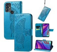 JIUNINE Case for TCL 30SE / TCL 305 / TCL 306, Leather Wallet Case Flip Cover with Butterfly Embossed Pattern [Card Holder] [Magnetic Closure] [TPU Inner Shell] for TCL 30 SE/TCL 305, Blue