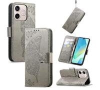 JIUNINE Premium Leather Wallet Case for Honor 600 Lite, Butterfly Embossed Flip Cover with Card Slots, Magnetic Closure & Shockproof TPU Inner Shell, Gray
