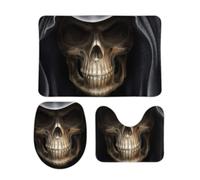 JiuPopular Bathroom Mat Sets 3 Piece, Scary Skull Wearing Black Hat Bath Mat And Toilet Mat Set, Non-Slip Toilet Mat for Bathroom, Toilet