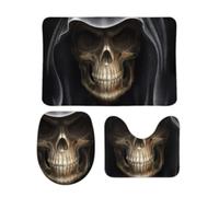 JiuPopular Bathroom Mat Sets 3 Piece, Scary Skull Wearing Black Hat Bath Mat And Toilet Mat Set, Non-Slip Toilet Mat for Bathroom, Toilet