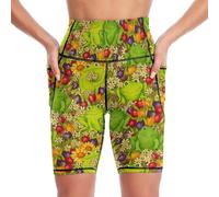 JiuPopular Knee-Length Yoga Shorts,Frog Funky Cats Funny Sushi Funny Ladybug Funny English Bulldog Gray Wolf Green Camouflage Pattern Handsome Shiba Lnu Dog Halloween Bats Grey Hippopotamus,Women's Ru