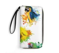 JiuPopular Leather Wallet, 3D Watercolor Parrot, with Rope, Small Size and Large Capacity, Easy to Carry