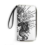 JiuPopular Leather Wallet, Dia De Los Muertos Skull, with Rope, Small Size and Large Capacity, Easy to Carry