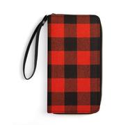 JiuPopular Leather Wallet, Red Black Buffalo Check, with Rope, Small Size and Large Capacity, Easy to Carry