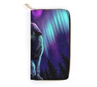 JiuPopular Leather Wallet, Wolves Howl in The Northern Lights, Small Size and Large Capacity, Easy to Carry