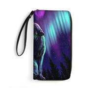JiuPopular Leather Wallet, Wolves Howl in The Northern Lights, with Rope, Small Size and Large Capacity, Easy to Carry