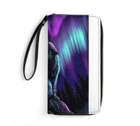 JiuPopular Leather Wallet, Wolves Howl in The Northern Lights, with Rope, Small Size and Large Capacity, Easy to Carry