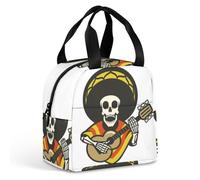 JiuPopular Portable Aluminum Foil Insulated Lunch Bag,Mexican Guitar Skull,Cross-Body and Hand-held, Easy to Use