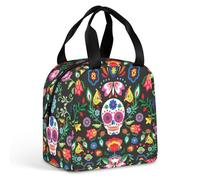 JiuPopular Portable Aluminum Foil Insulated Lunch Bag,Mexican Sugar Skulls,Cross-Body and Hand-held, Easy to Use