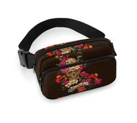 JiuPopular Waist Bag, Floral Sugar Skull Day of The Dead Bumbag, Adjustable Fanny Pack for Running Walking Hiking