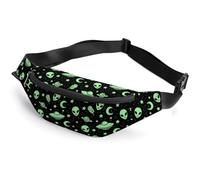 JiuPopular Waist Bag, Green Alien Moon UFO Bumbag, Adjustable Fanny Pack for Running Walking Hiking