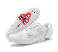 JiuQing Cycling Shoes Men Women Road Bike Shoes Compatible with Peloton SPD Riding Shoes with Delta Cleats,White,8 UK