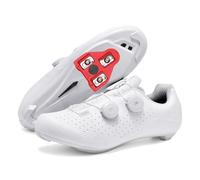 JiuQing Men's Road Cycling Shoes Compatible with Peloton SPD Indoor Bike Riding Shoes with Delta Cleats,White,5 UK