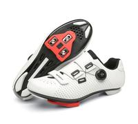 JiuQing Unisex Leather Cycling Shoes Compatible with Peloton Indoor Outdoor Road Racing Bike Shoes with Delta Cleats,White,6 UK