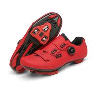 JiuQing Unisex Leather Cycling Shoes Compatible with Peloton Indoor Outdoor Road Racing Bike Shoes with Delta Cleats,Red,8 UK