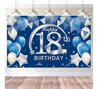 Jiusely 18th Happy Birthday Banner, 18 Blue Silver Party Decorations 180 x 110 cm, 18 Blue Banner Decoration Photo Backdrop, 18th Birthday Party Decorations for Boy Girls