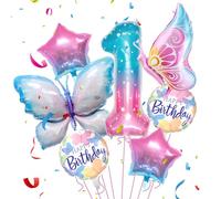 Jiusely 1st Birthday Decorations for Girls - Butterfly Balloons Set with Number 1, Star, Pink and Blue Foil Balloons