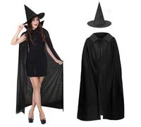 Jiusely 2 Pcs Witch Costume Women, Witch Hat and Black Cape Halloween Hooded Cloak for Men and Women