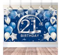 Jiusely 21th Happy Birthday Banner, 21 Blue Silver Party Decorations 180 x 110 cm, 21 Blue Banner Decoration Photo Backdrop, 21th Birthday Party Decorations for Boy Girls