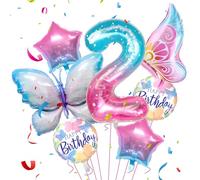 Jiusely 2nd Birthday Decorations - Girl's Number 2 Balloons with Star Butterfly, Pink and Blue Butterfly Foil Balloons