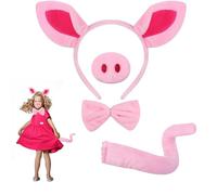 Jiusely 4PCS Pig Costume Set,Pink Pig Fancy Dress Costume Kit,Pig Ears Nose Tail and Bow Tie, For Kid Adult Carnival Masquerade Birthday Party Costume Accessories