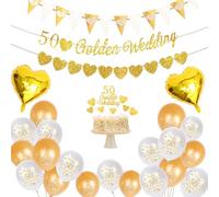 Jiusely 50th Anniversary Decorations, 50th Anniversary Banner, Golden Wedding Anniversarys Decorations, 50 Gold Wedding Decoration, 50 Anniversarys Decorations with Balloons Cake Topper