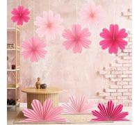 Jiusely 9PCS Paper Flowers Fans Decorations Pink Flower Birthday Party Hanging Decorations Paper Fans Floral Backdrop Decor for Birthdays Weddings Garden Classroom Baby Shower Tea Party Decorations