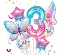 Jiusely Age 3 Girl Decorations, Number 3 Gradient Balloons, 3 Birthday Butterfly Theme Party Supplies, Butterfly Foil Balloon Decoration