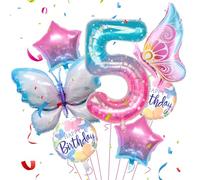 Jiusely Age 5 Birthday Decorations for Girls, Number 5 Butterfly Balloons, 8pcs, Gradient Color-5, Butterfly & Star Balloons, Birthday Girl Decoration