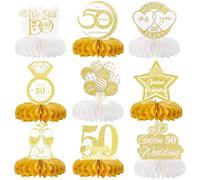 Jiusely Golden Wedding Anniversary Table Decorations 9Pcs, Romantic Honeycomb Table Topper，Golden Wedding Anniversary Table Decorations，Cheers to 50th Wedding Anniversary Honeycomb Table Topper