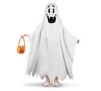 Jiusely Kids Ghost Costume, White Ghost Cloak & Pumpkin Bag, Unisex, Ages 5-14, Halloween