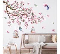 Jiusely Large Pink Flower Tree Branch Wall Stickers, Pink Cherry Blossom Tree Wall Stickers for Bedroom Living Room Furniture Kitchen, Flower Walls Stickers & Murals Bedroom Accessories