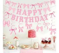 Jiusely Pink Bows Birthday Decorations Pink Bow Happy Birthday Banner Bows Hanging Swirls Decoration for Girls Women Bow Theme Birthday Party Decoration Baby Shower Decor