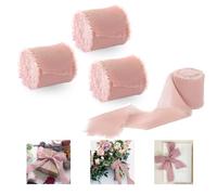 Jiusely Pink Chiffon Ribbon Set, 4 Rolls Silk Ribbon Light Pink Handmade Fringe Chiffon Ribbons for Gift Wrapping, Wedding Invitations, Bridal Flower Bouquets,Cake, Florist Decorations