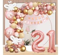 Jiusely Rose Gold 21st Birthday Party Decorations for Girls Women - Balloons Arch Garland Kit, Happy Banner with Number 21 Foil Balloon for Her 21 Year Old Party Supplies