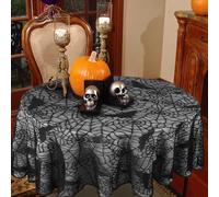 Jiusely Round Halloween Spider Web Tablecloth - 70in Black Lace Table Topper Halloween Bat Cobweb Pumpkin Table Cover Fireplace Scarf Table Cloth for Halloween Party Buffet Table Door Window Decor