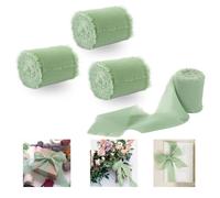 Jiusely Sage Green Chiffon Ribbon Set, 4 Rolls Silk Ribbon Light Green Handmade Fringe Chiffon Ribbons for Gift Wrapping, Wedding Invitations, Bridal Flower Bouquets,Cake, Florist Decorations