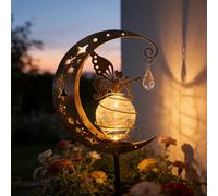 Jiusely Solar Moon Fairy Garden Lights, Waterproof Decorative Stake Lamp with Crackle Glass Globe, Outdoor Fairy Moon Lamp, Solar Powered Pathway Light for Patio, Yard, Lawn, Flower Bed Decor