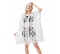 Jiusely Women's Beach Cover ups Sexy Elegant Lace Kimono, Short Sleeve Crochet Dress Summer Casual Floral Lace V Neck, Swimsuit Coverup for festive holidays Pool-side and Party(White)