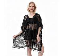 Jiusely Women's Beach Cover ups Sexy Elegant Lace Kimono, Short Sleeve Crochet Dress Summer Casual Floral Lace V Neck, Swimsuit Coverup for festive holidays Pool-side and Party(Black)