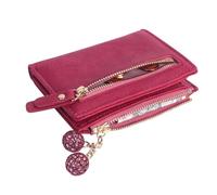 Jiusely Women's Small Wallets, Small Leather Purse with Metal Snap Button and Zipper Coin Pocket,Multiple Card Slots & Compartments, Lady’s Foldable Short Wallet with Delicate Pendant.Burgundy Red