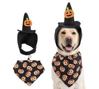 JIUSILIFE Dog Halloween Costumes,2Pcs Set Witch Hat and Bandana with Pumpkin Spider and Bat,Adjustable Fanny Dog Clothes,Headgear for Small Midum and Large Dogs,Puppy,Cats,Pets,Black,L