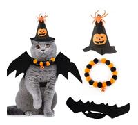 JiuSiLIFE Halloween Dog Costumes Collar and Witch Hat 3Pcs Set Includes Witch Hat with Orange Pumpkin and Spider Orange Halloween Collar and Black Batwing Clothes for Medium Small Dogs Cats