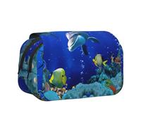 JIUTY 3D Underwater World Fish Dolphi Printing Large Capacity Pen Pencil Case,Kids Stationery Bag with Double Layers for School,Office,College