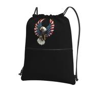 JIUTY American Eagle Flag Print Zipper Closure Backpack, Drawstring Shoulder Bag, Compact Light for Workout and Sessions