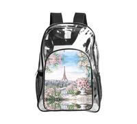 JIUTY Beautiful Eiffel Tower Paris Print Clear Security Backpack Pvc School Bookbag Travel Front Pocket Side Mesh Modern Utility